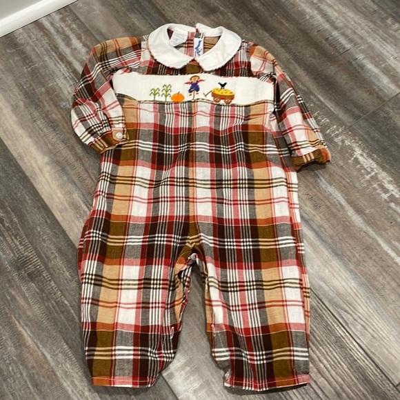 Smocked Silly Goose Fall Scarecrow Pumpkin Plaid Outfit 12 months - Picture 1 of 5